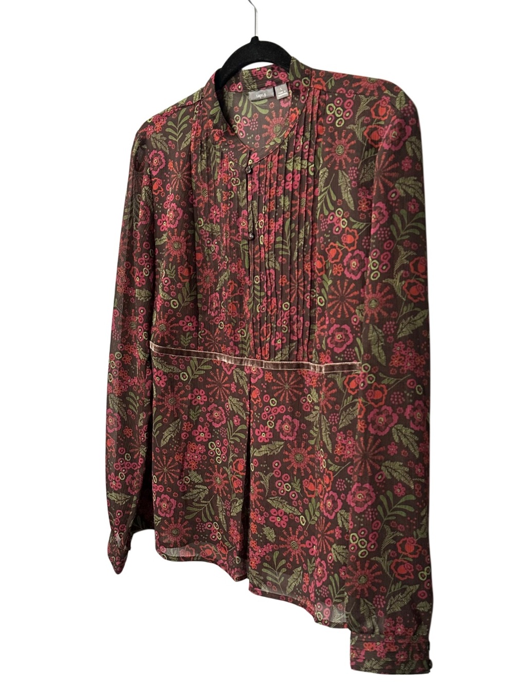 Apt 9 Floral Sheer Blouse Velvet Trim Pintuck Long Sleeve Brown Pink L - Picture 3 of 11
